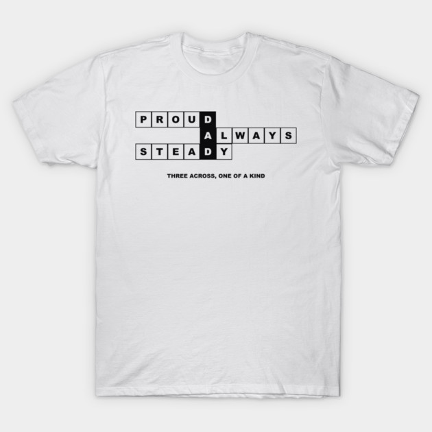 White t-shirt printed with a crossword built on the word DAD
