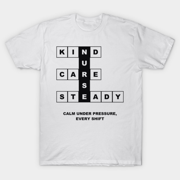White t-shirt printed with a crossword built on the word NURSE